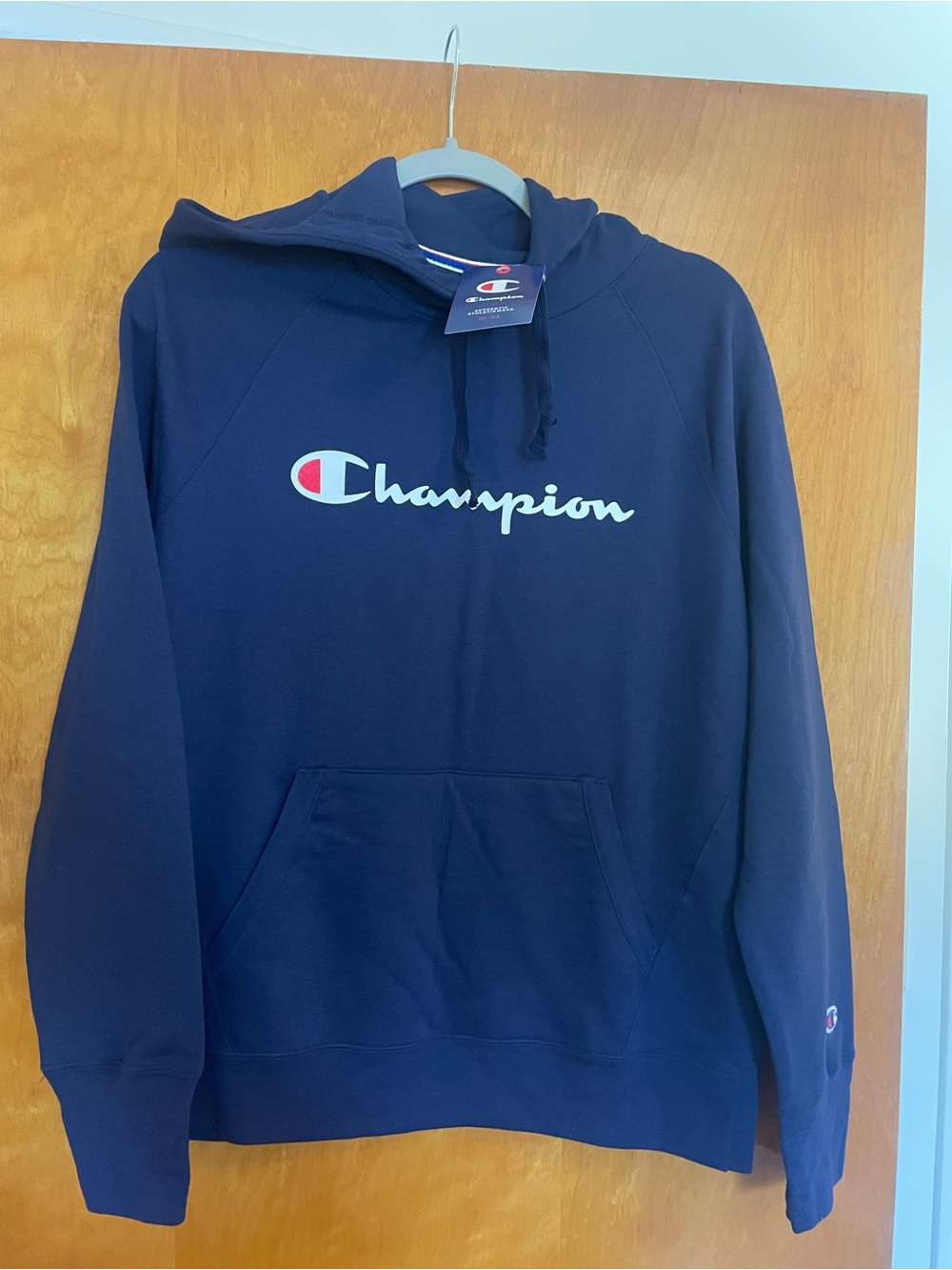 Champion Navy Blue Script Logo Hoodie